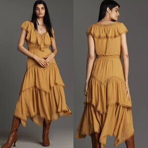 NEW By Anthropologie Short-Sleeve V-Neck Ruffle Midi Dress Mustard Yellow Tiered